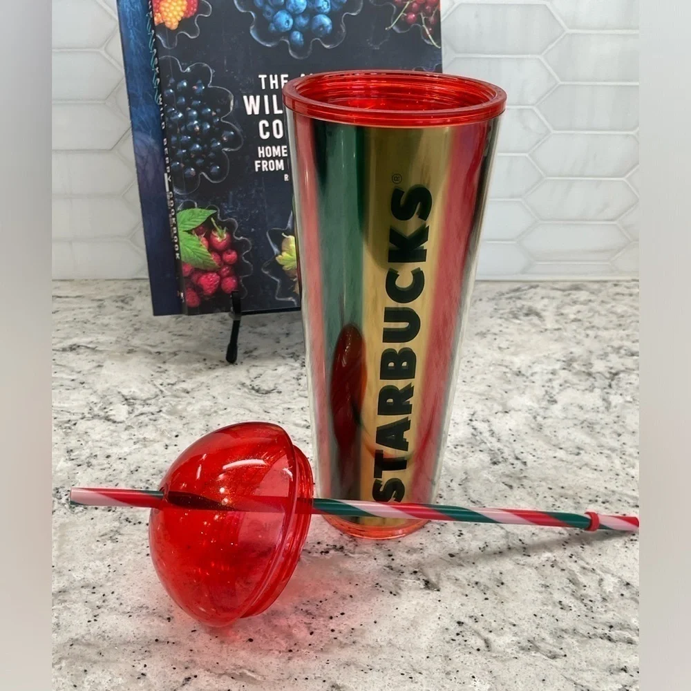 Starbucks 2024 Metallic Red Green & Gold Stripe Cold Cup Dome Tumbler. NWT. WOW!